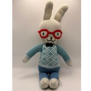 Cuddle + Kind Benedict the Bunny Hand Knit Doll Blue Sweater Red Glasses 15 Inch